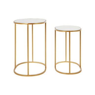 Set of 2 Mirrored Glass Oval Top Side Tables with Gold Finish Metal Frame, Avantis - Image 2
