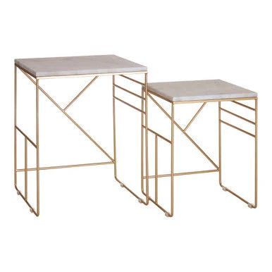 Set of 2 White Marble Square Nesting Tables with Champagne Finish Metallic Legs, Avantis - Image 4