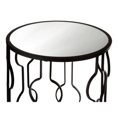 Set of 2 Black Metal Base Side Tables with Arabesque Detailing and Mirrored Glass Tops, Avantis - Image 3