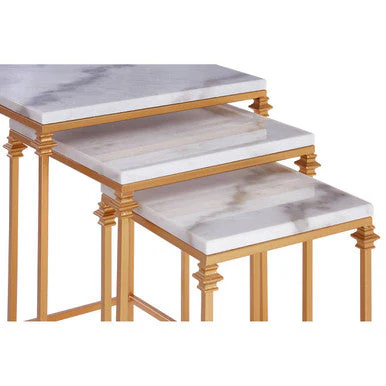 Set of 3 White Marble Tops Square Nesting Side Tables with Gold Finish Carved Metallic Legs, Avantis - Image 4
