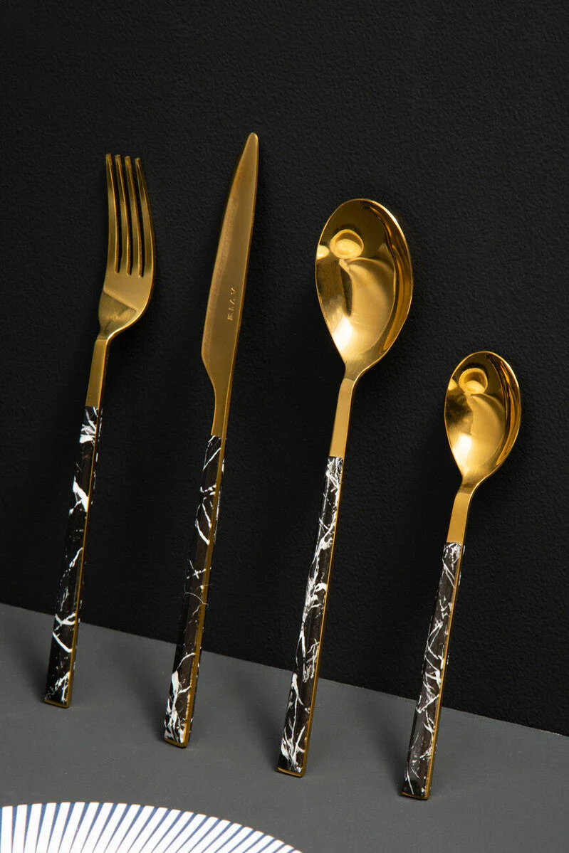 Avie 16 Piece Black Faux Marble Cutlery Set - Image 11