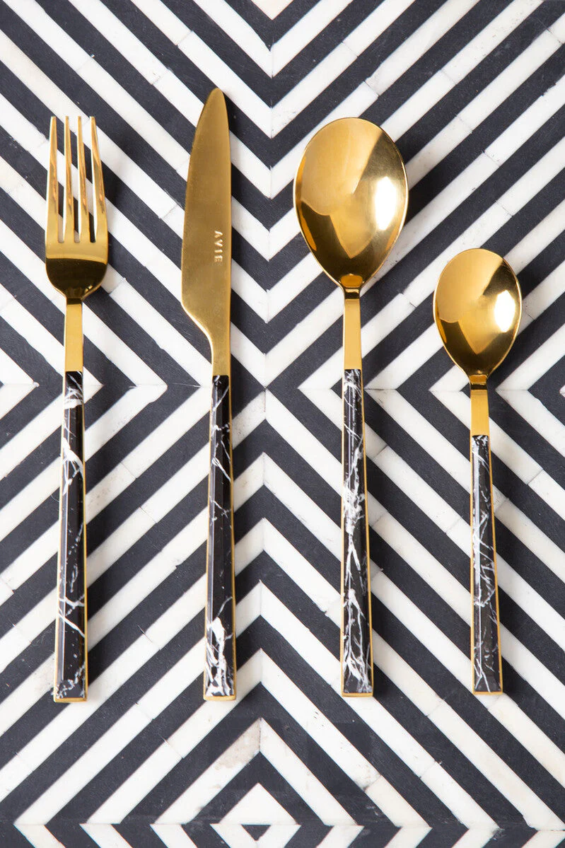 Avie 16 Piece Black Faux Marble Cutlery Set - Image 12