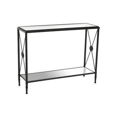 Black Metal Frame Console Table with Two-Tier Clear Glass Shelves and Floral Motif, Axis - Image 3