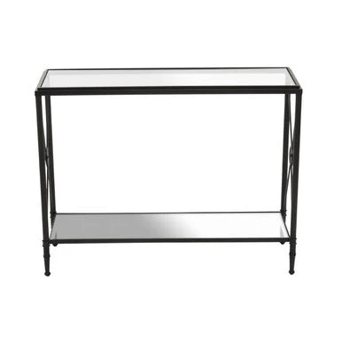Black Metal Frame Console Table with Two-Tier Clear Glass Shelves and Floral Motif, Axis - Image 4