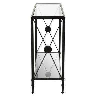 Black Metal Frame Console Table with Two-Tier Clear Glass Shelves and Floral Motif, Axis - Image 5