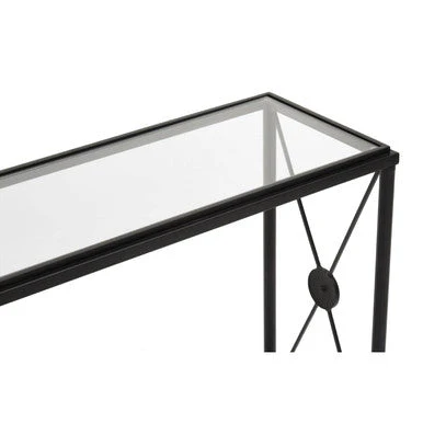 Black Metal Frame Console Table with Two-Tier Clear Glass Shelves and Floral Motif, Axis - Image 6