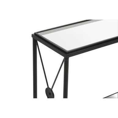 Black Metal Frame Console Table with Two-Tier Clear Glass Shelves and Floral Motif, Axis - Image 7