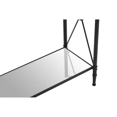 Black Metal Frame Console Table with Two-Tier Clear Glass Shelves and Floral Motif, Axis - Image 8