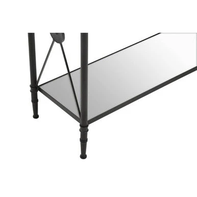 Black Metal Frame Console Table with Two-Tier Clear Glass Shelves and Floral Motif, Axis - Image 9
