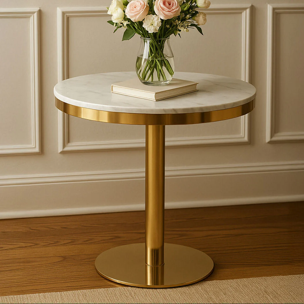 White Marble Round Top Dining Table with Luxe Gold Finish Pedestal Base, Azalea