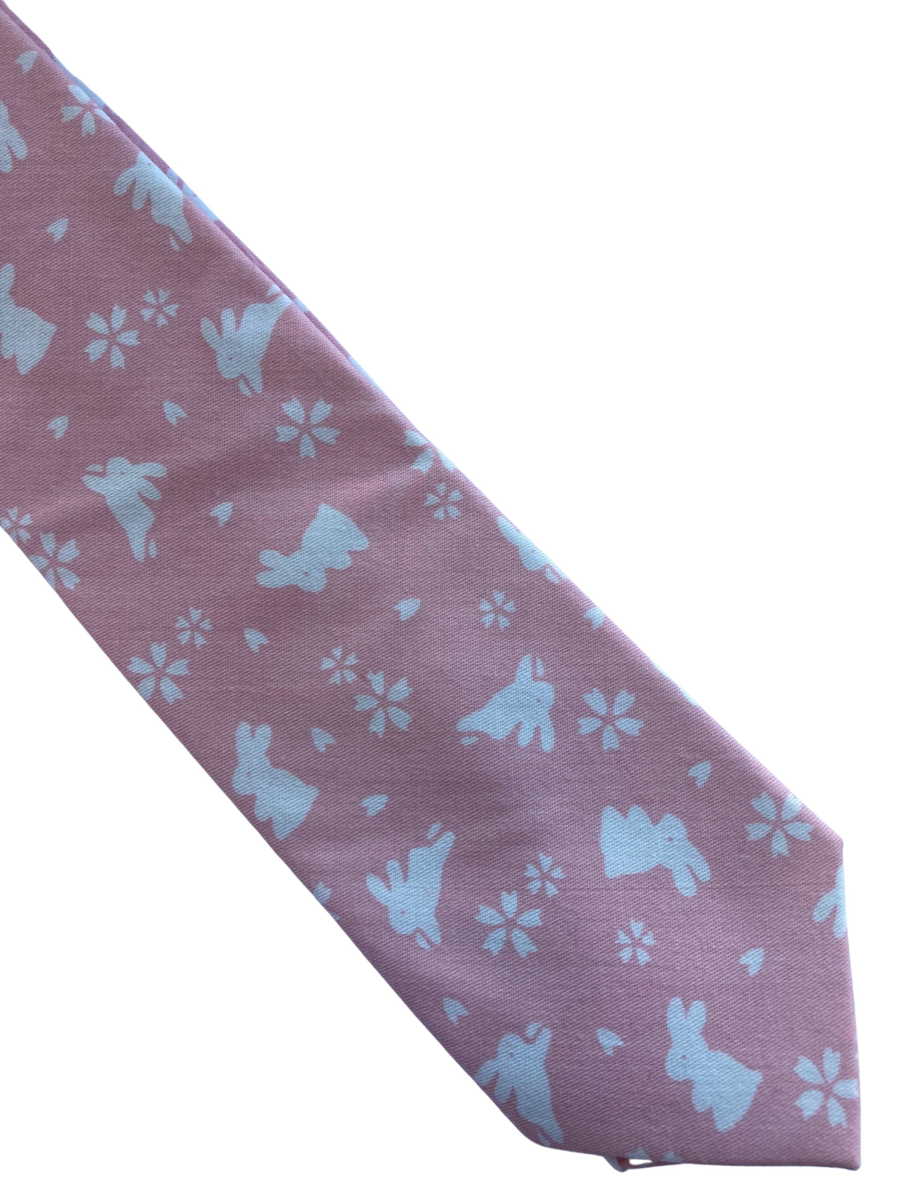 baby light pink cotton  tie with white bunny rabbit design - Image 2