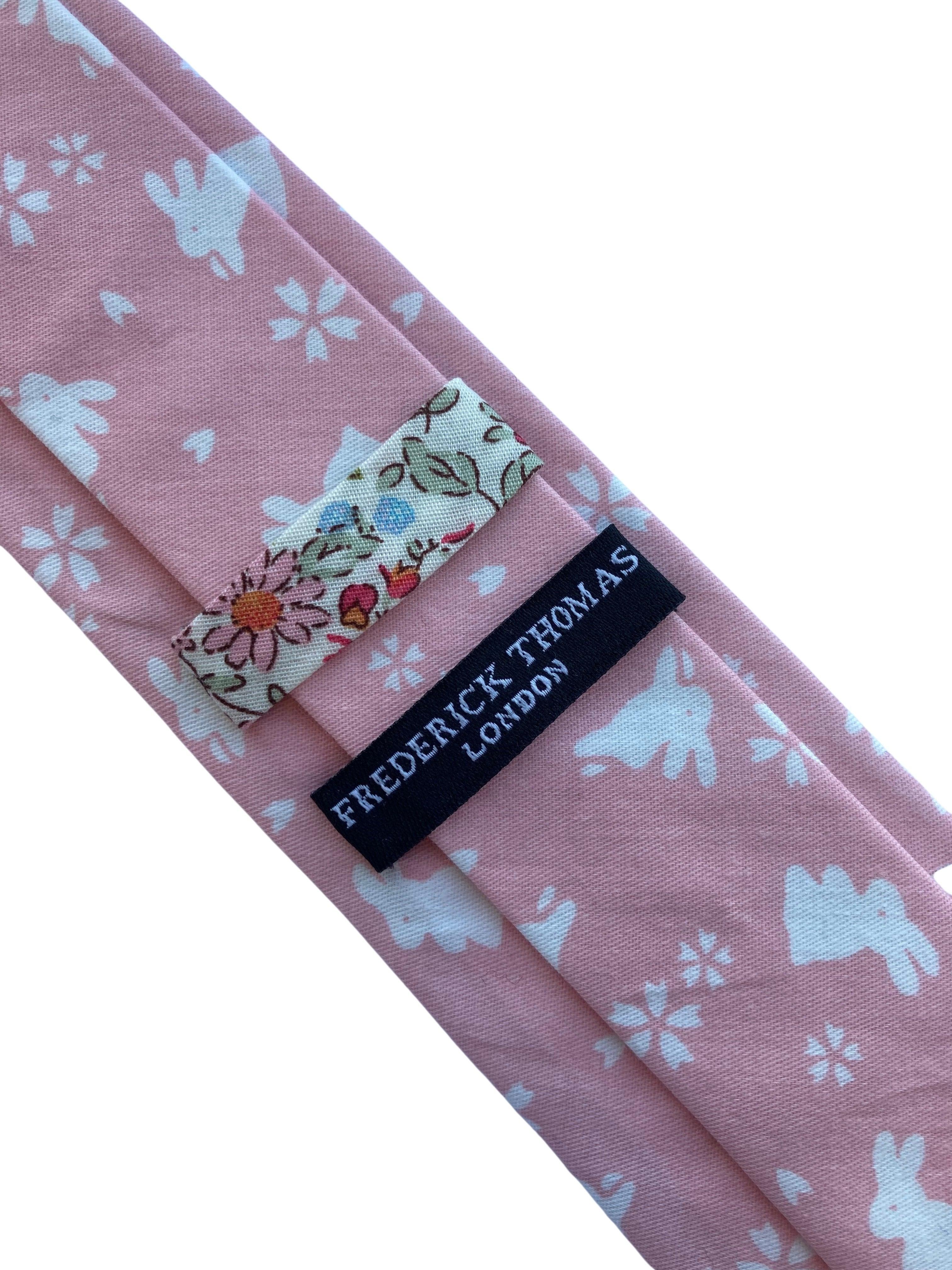 baby light pink cotton  tie with white bunny rabbit design - Image 3
