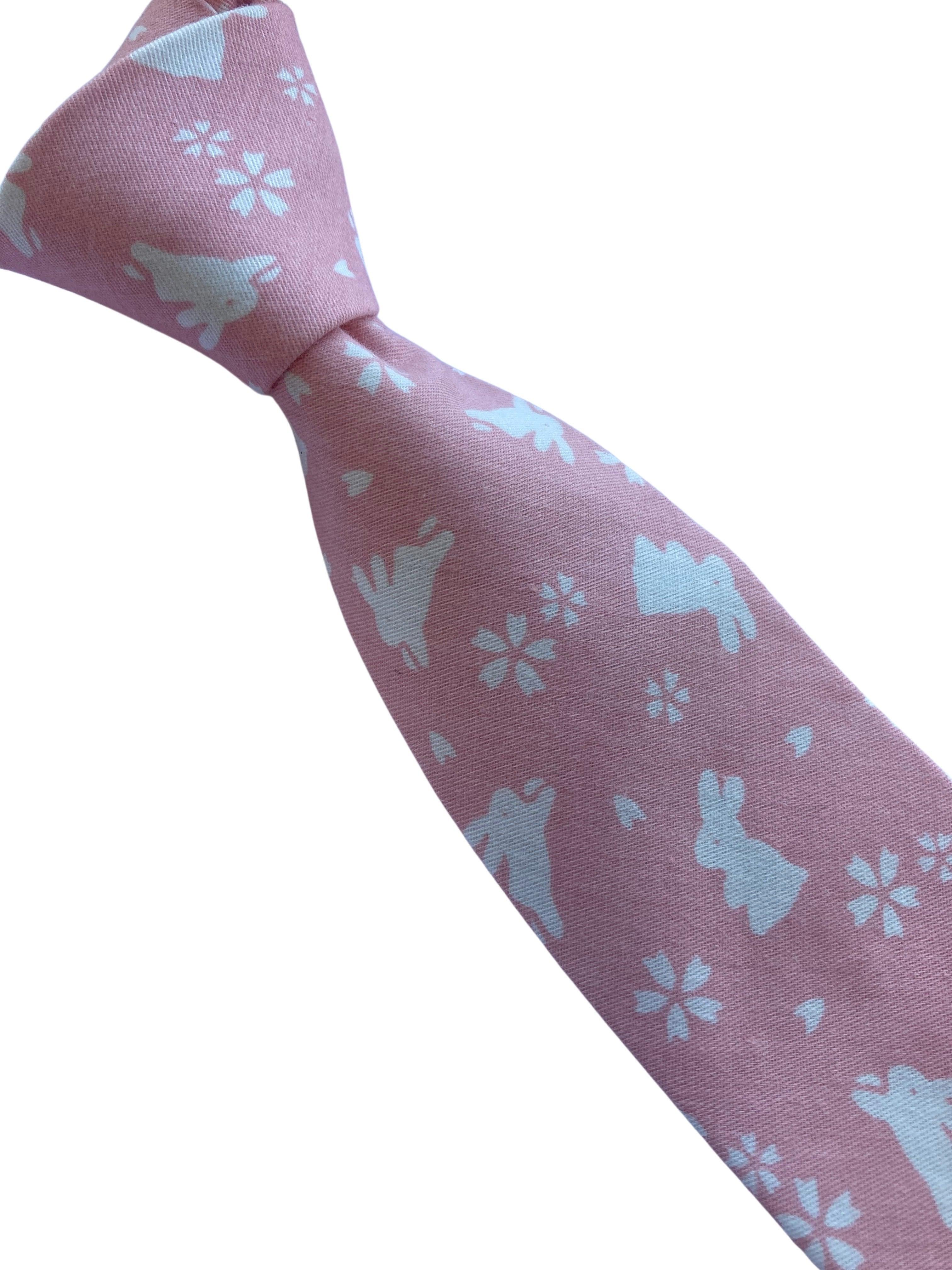 baby light pink cotton  tie with white bunny rabbit design - Image 4