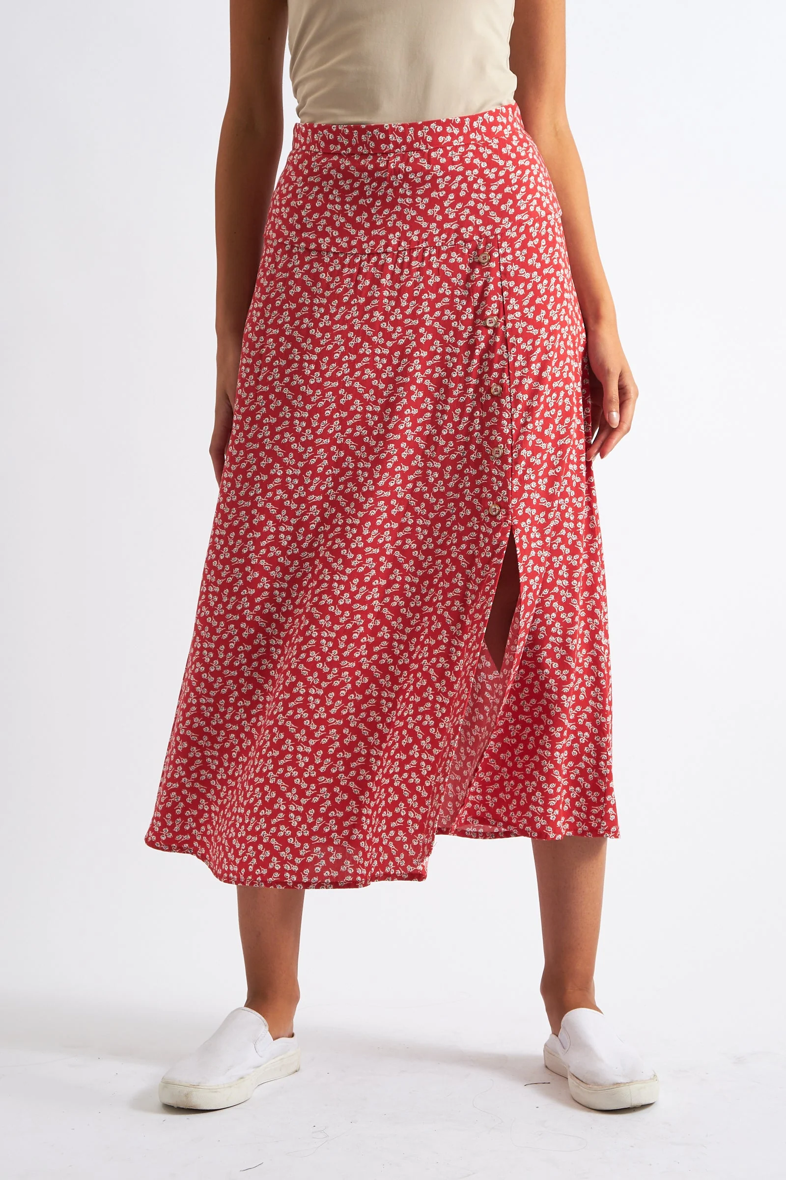 Barney Petale Print Midi Skirt Red - Image 2