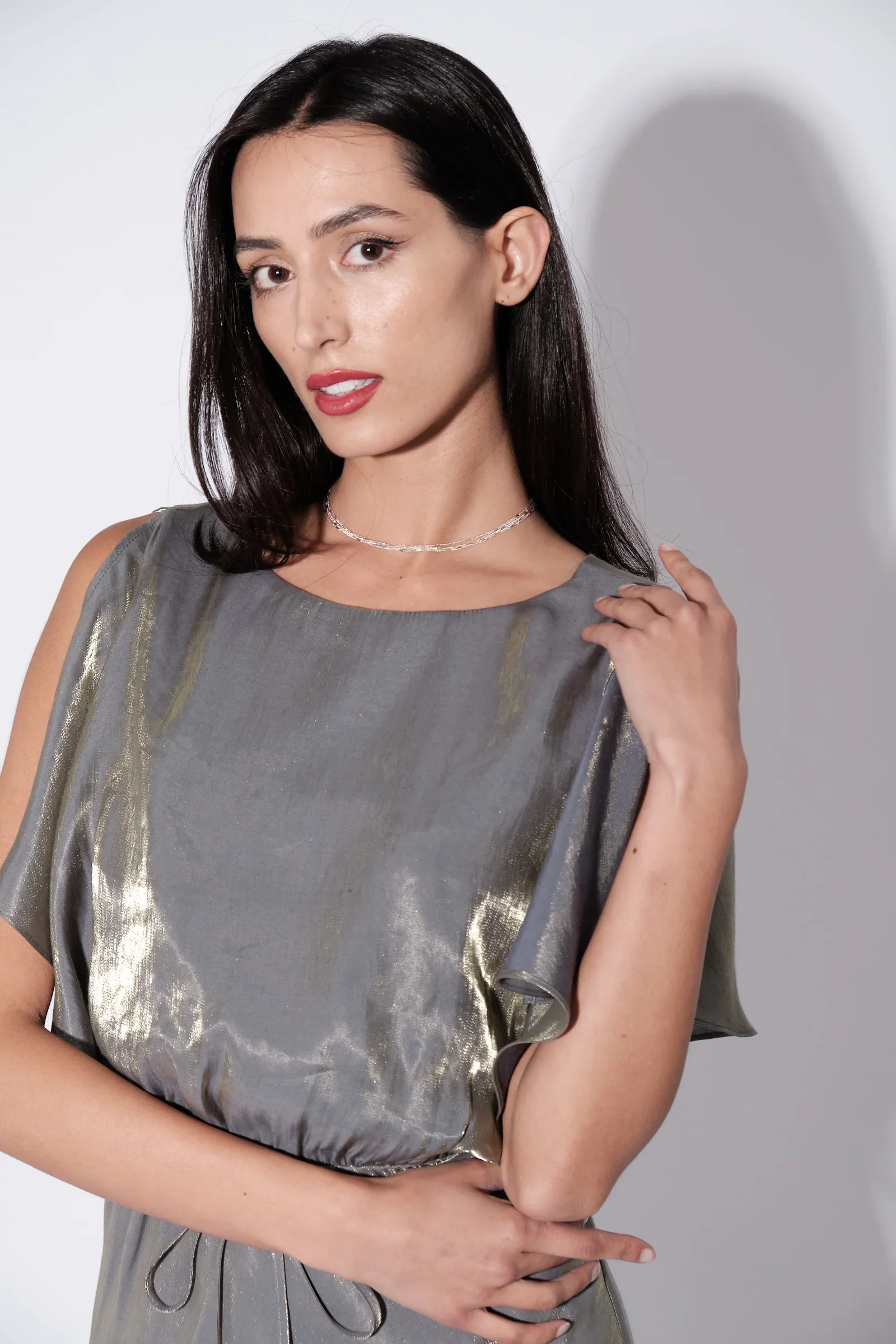 Basford Iridescent Cape Sleeve Midi Dress in Green - Image 3