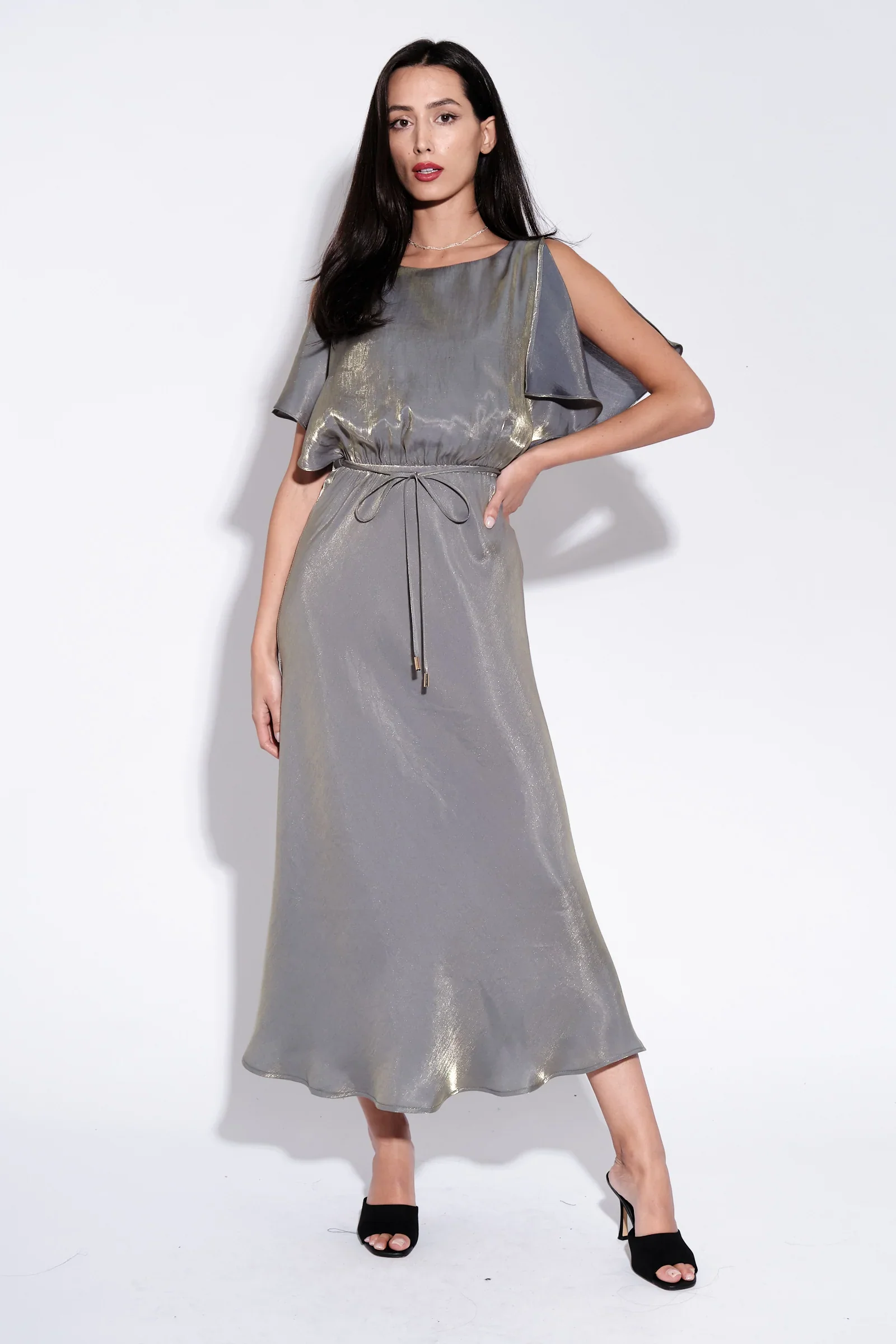 Basford Iridescent Cape Sleeve Midi Dress in Green - Image 4
