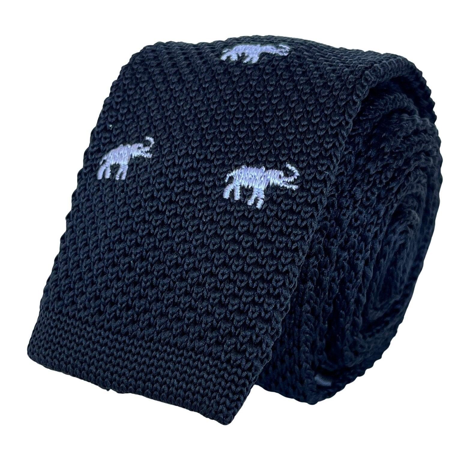 black knitted tie with white elephant embroidered design - Image 5
