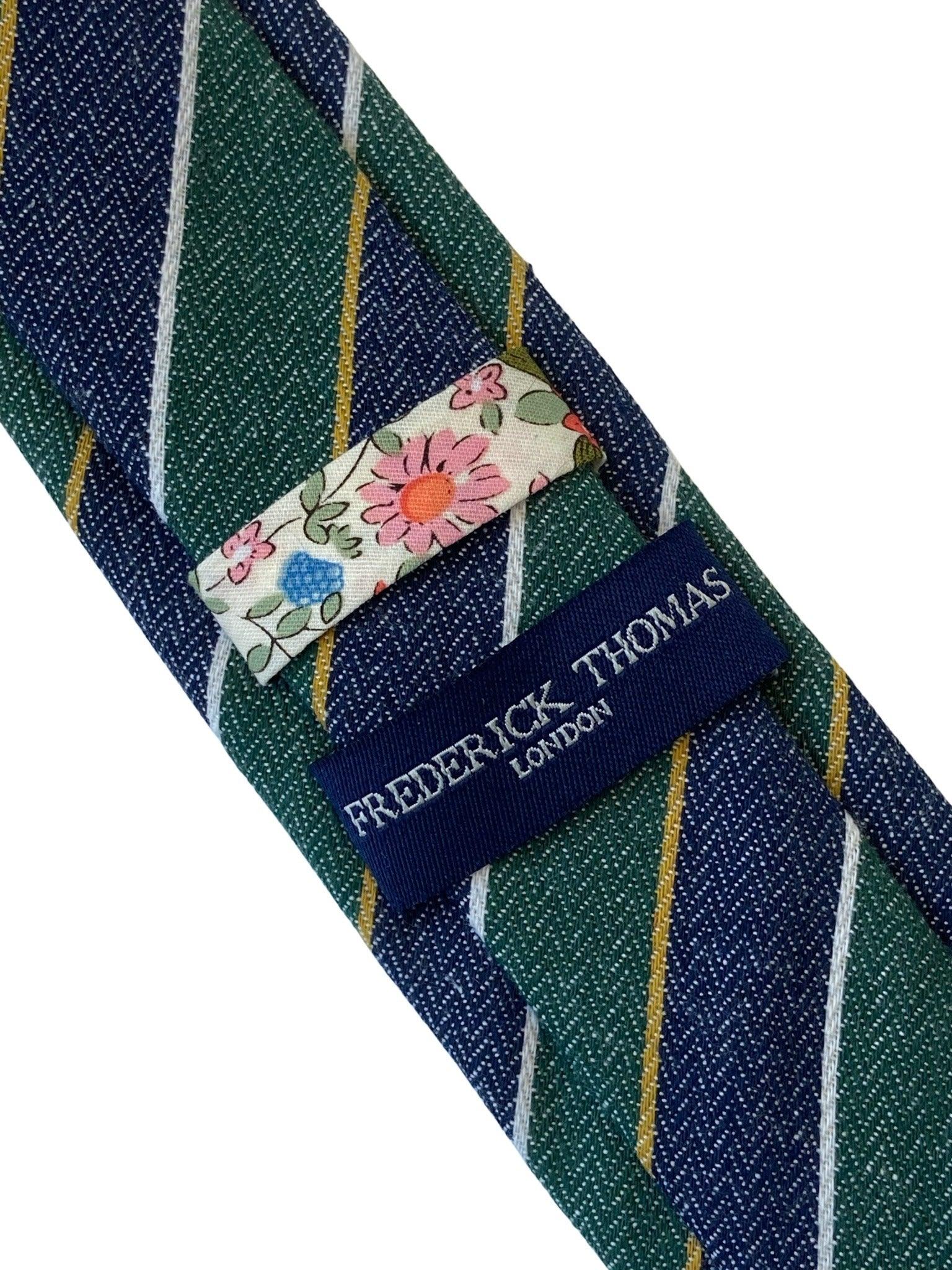 blue & green club striped mens linen tie school style - Image 3