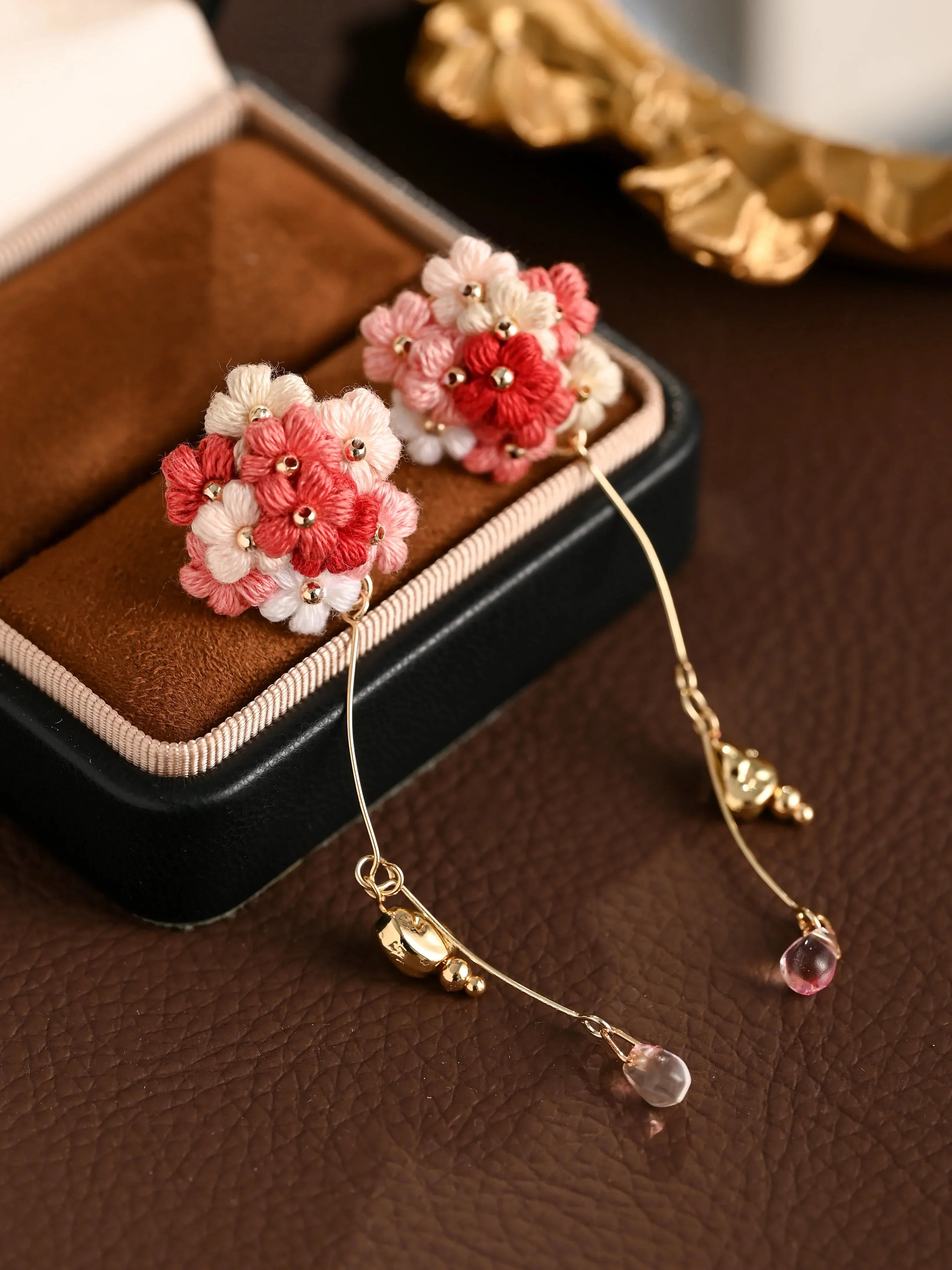 Blushing Bouquet Micro-Crochet Earrings with Crystal Dangle - Image 2