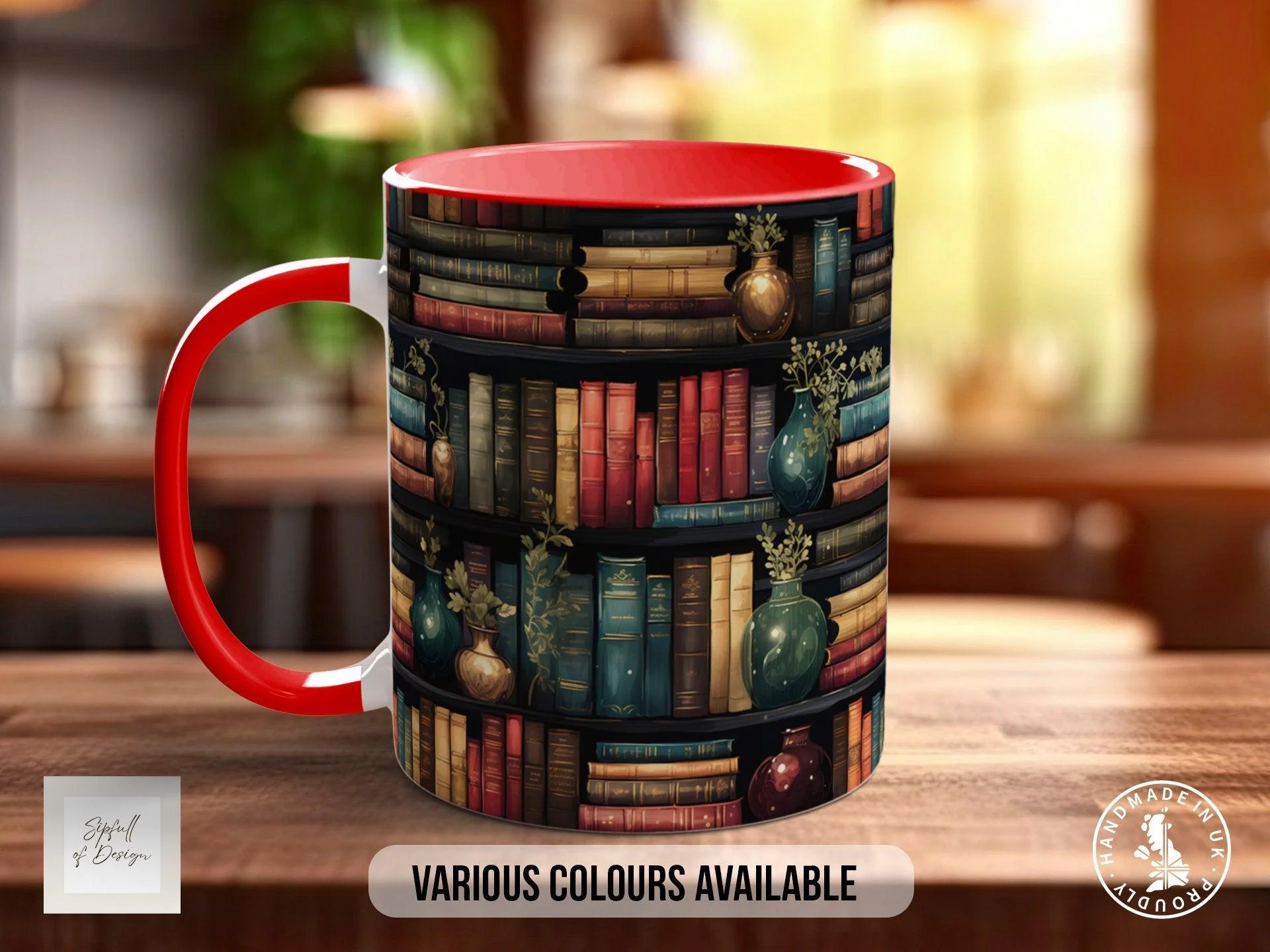 Book Shelf Pattern Full Wrap Coloured Art Mug - Design 6
