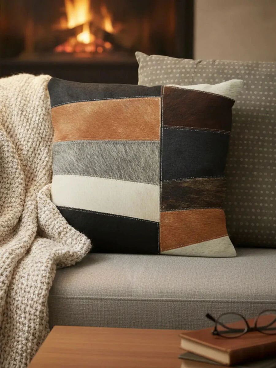 Bosie Safira Neutral Colourblock Hair on Leather Patchwork Cushion - Image 7
