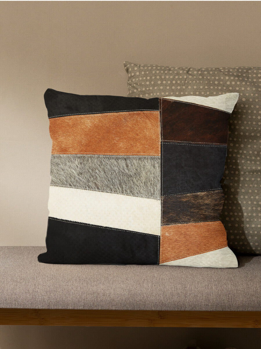 Bosie Safira Neutral Colourblock Hair on Leather Patchwork Cushion - Image 8