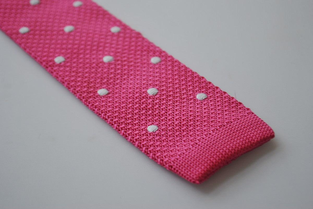 bright pink skinny knitted tie with white polka dots - Image 2