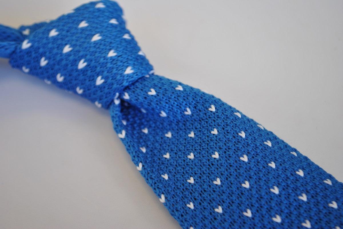 bright royal blue skinny knitted tie with white polka dots - Image 3