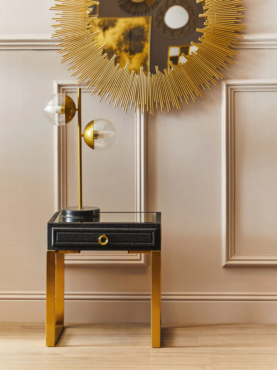 Black Faux Shagreen 1-Drawer Side Table with Brushed Matte Gold Legs and Knocker Handle, Cardoba - Image 3