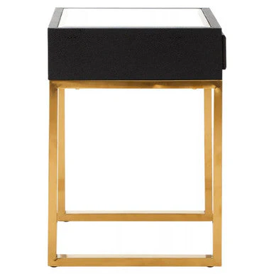 Black Faux Shagreen 1-Drawer Side Table with Brushed Matte Gold Legs and Knocker Handle, Cardoba - Image 6