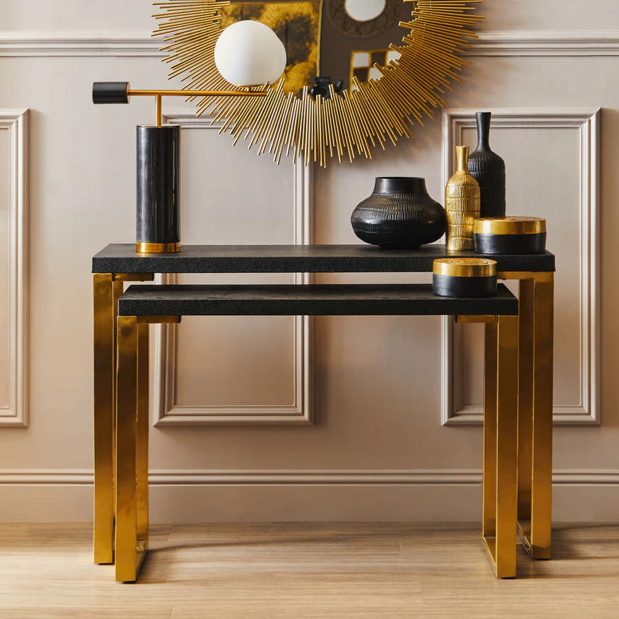 Set of Two Black Shagreen Effect Rectangular Console Tables with Gold Finish Base, Cardoba