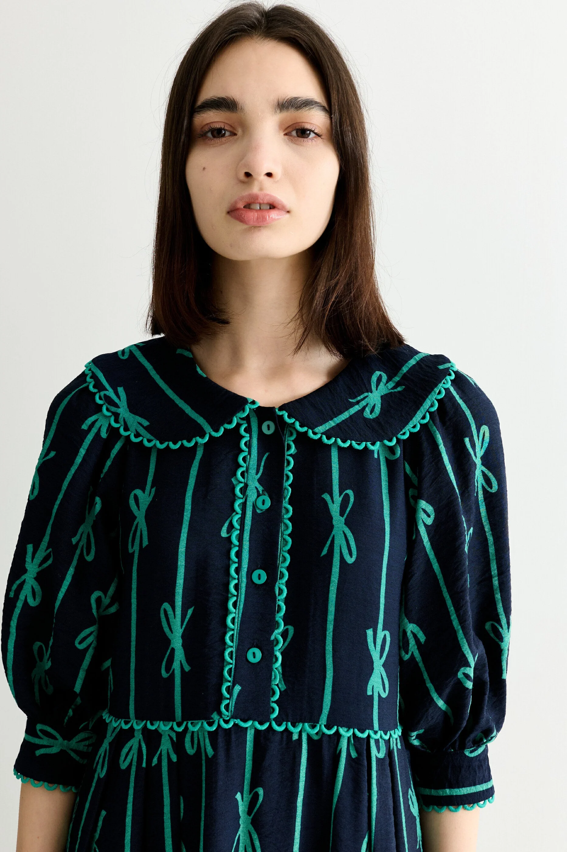 Caris Tie Up Statement Collar 3/4 Sleeve Midi Dress – Navy - Image 3