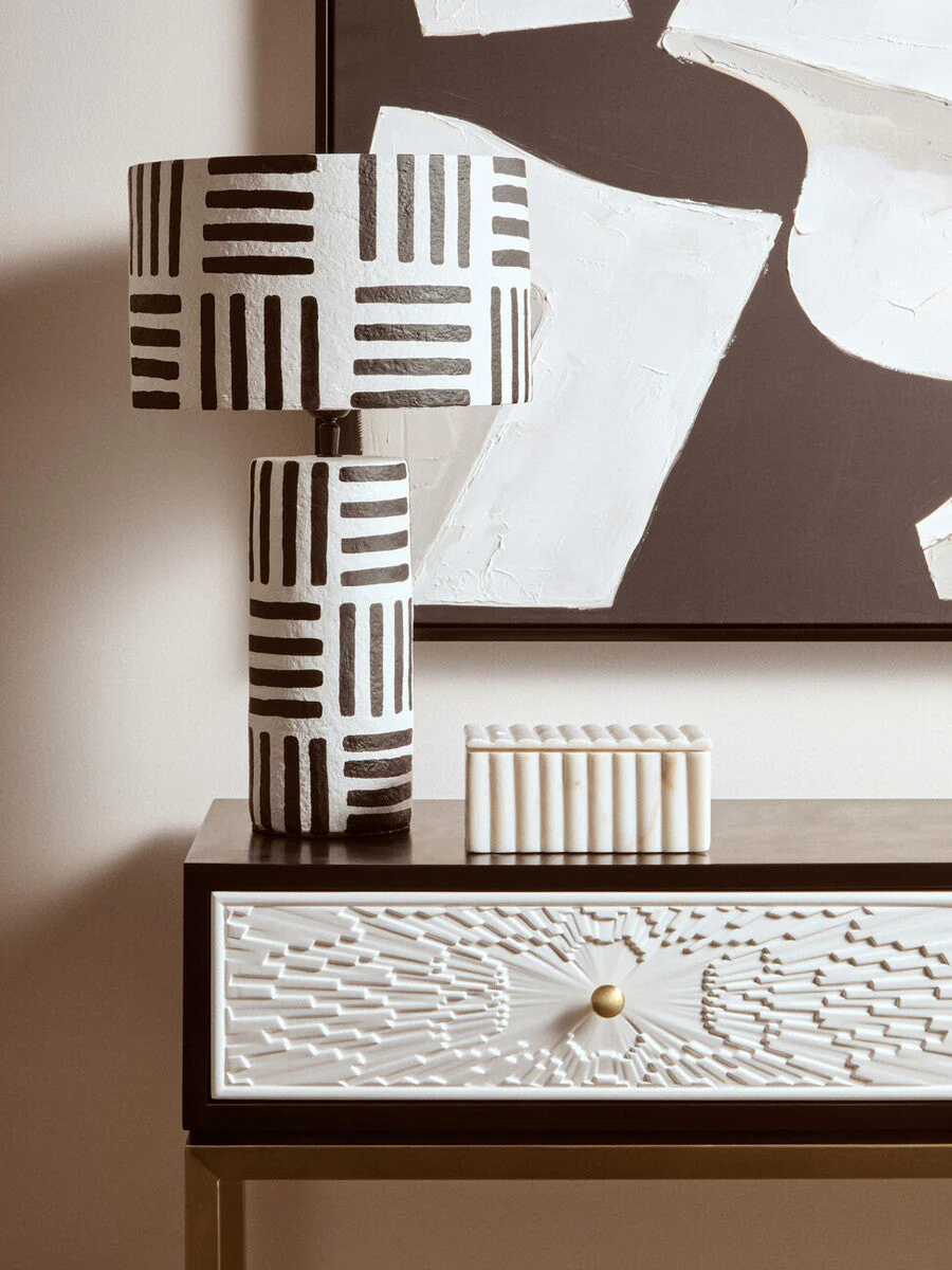 Carta Black And White Papier Mache Table Lamp with Geometric Lines - Image 5