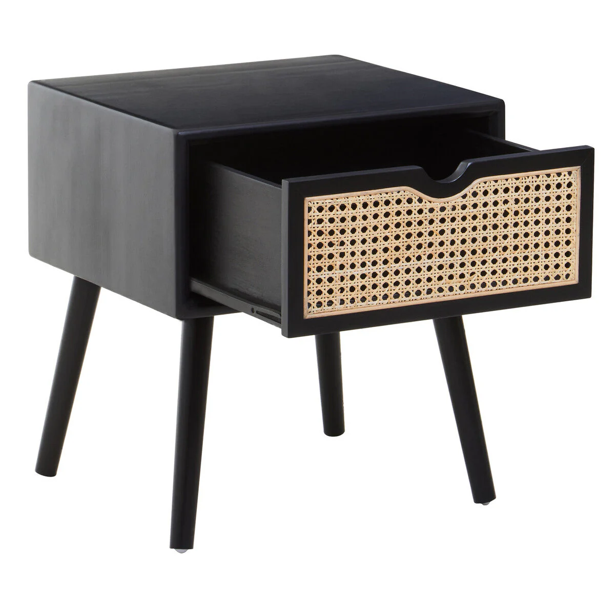 Black Elm Wood Side Table with Natural Cane Weave 1 Drawer and Angular Legs, Cebu - Image 6