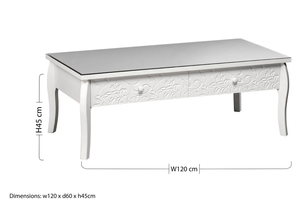 White Glass Top Coffee Table with 2 Drawers and Decorative Detailing, Chamonix - Image 5