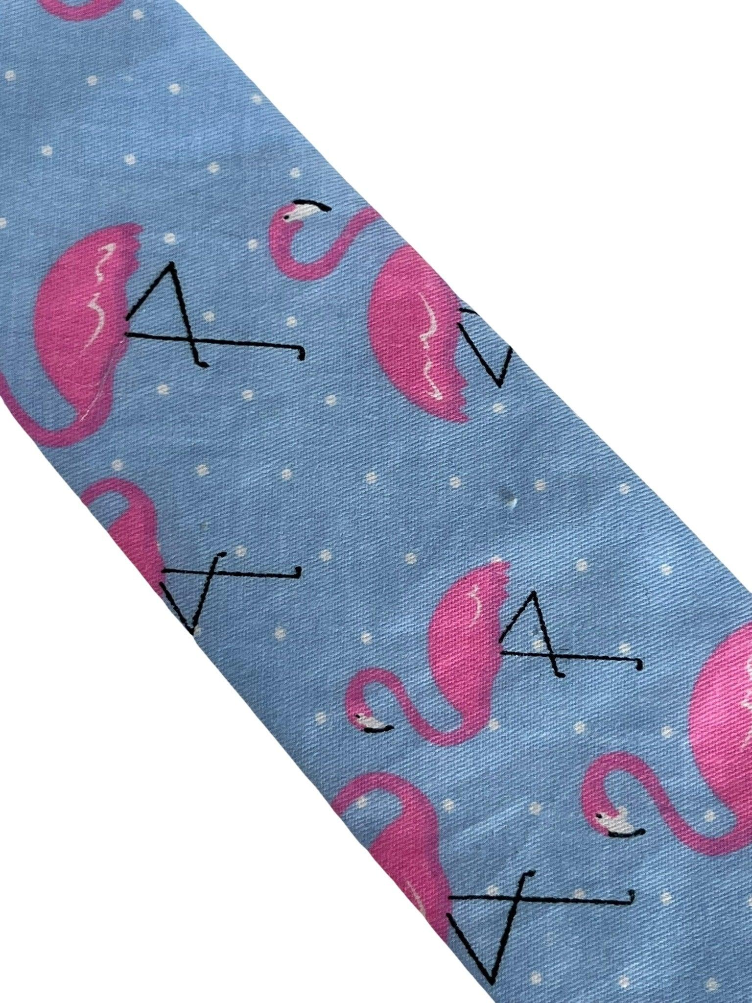 childrens light blue cotton tie with pink flamingo design - Image 2