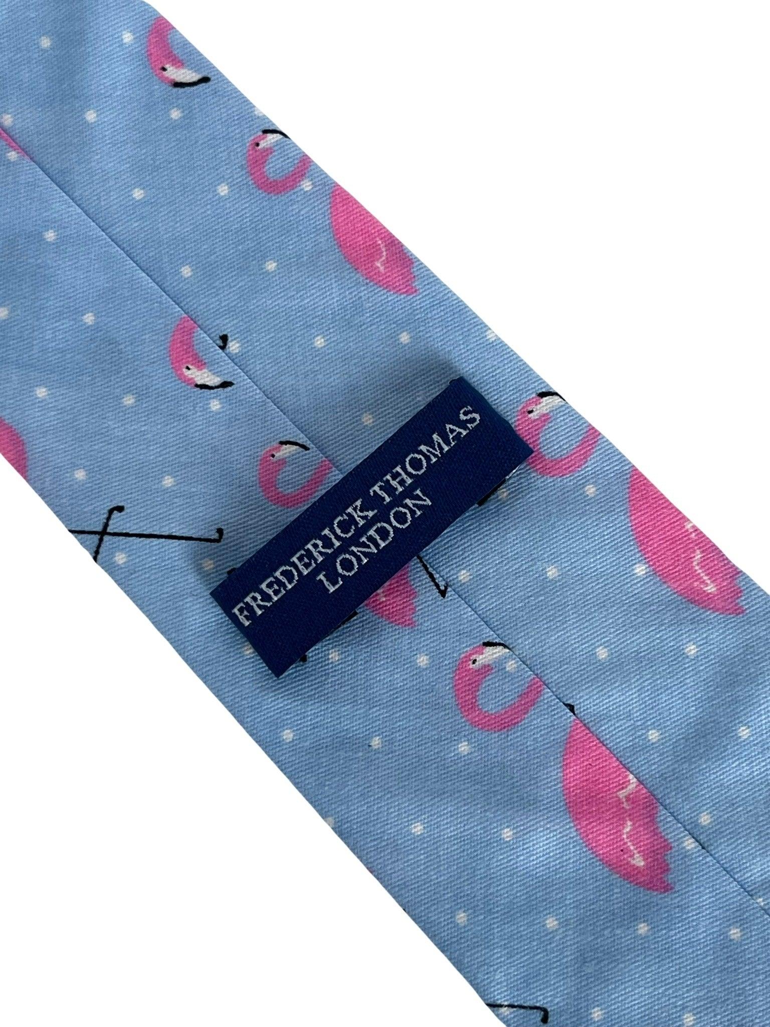 childrens light blue cotton tie with pink flamingo design - Image 3