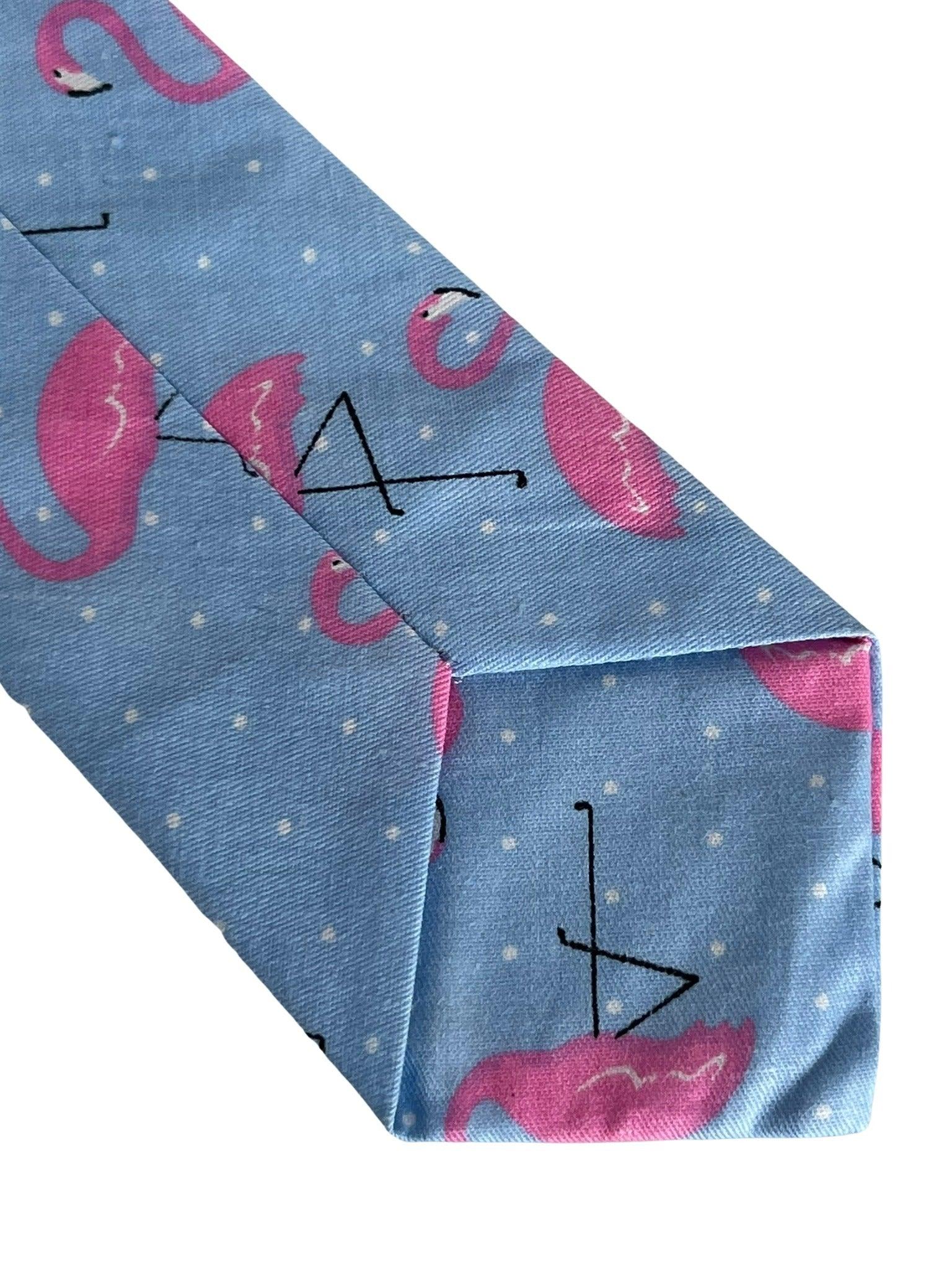 childrens light blue cotton tie with pink flamingo design - Image 4