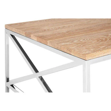 Natural Oak Wood Coffee Table with Lower Mirrored Shelf and Polished Stainless Steel Frame , Chiswick - Image 6