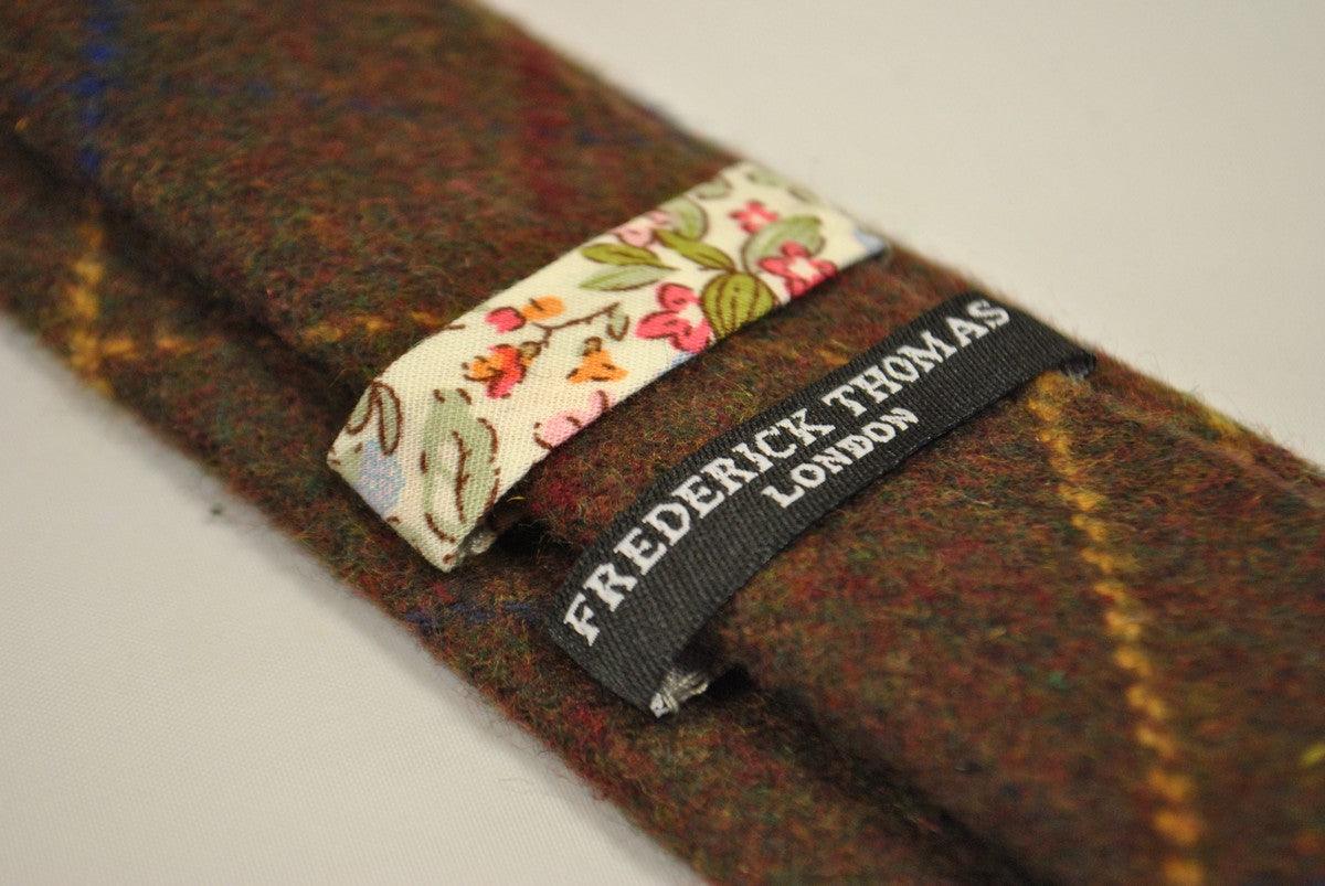 chocolate brown, blue and yellow check tweed wool tie - Image 2
