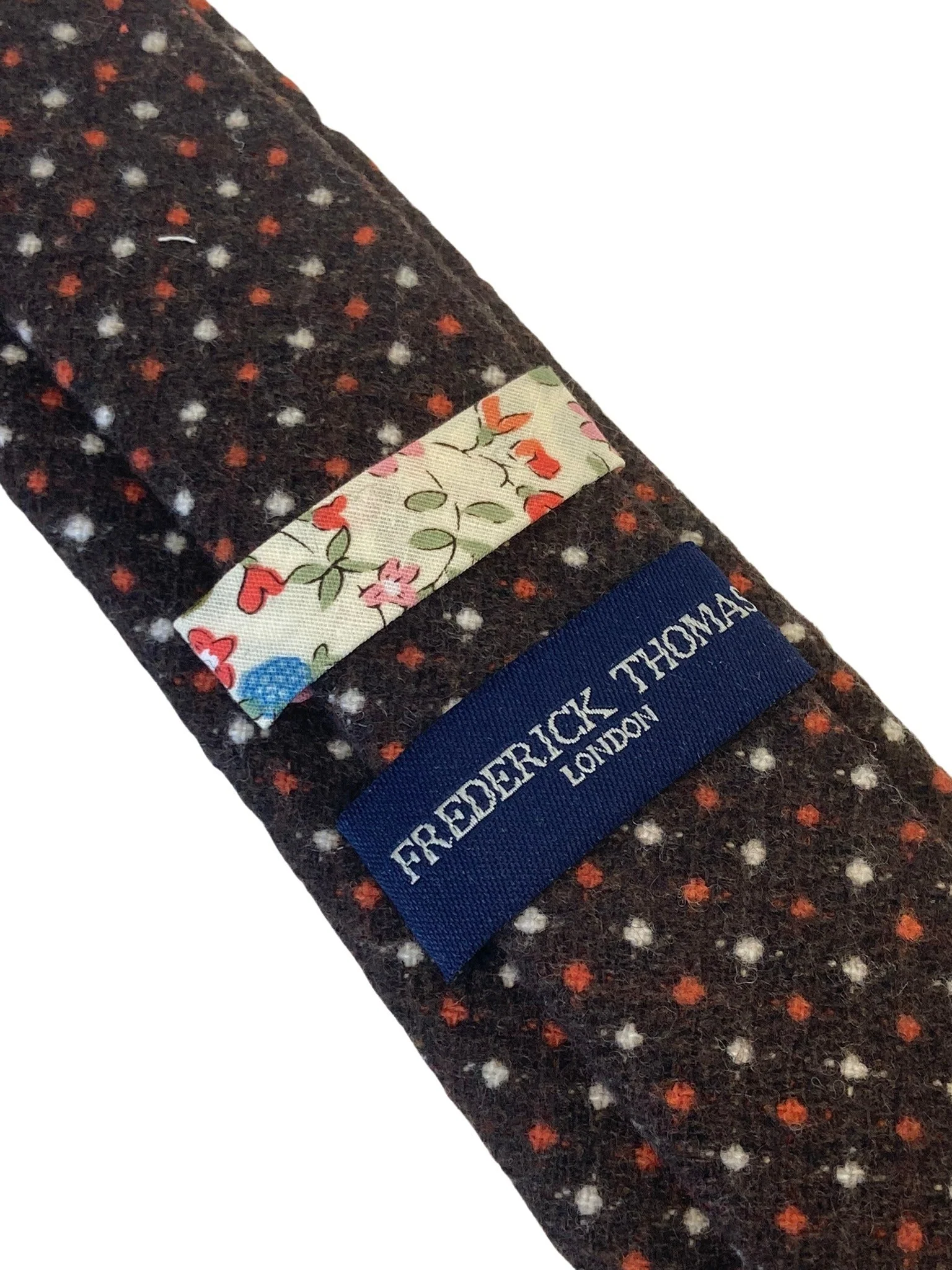 chocolate brown wool tie with polka spot design - Image 3