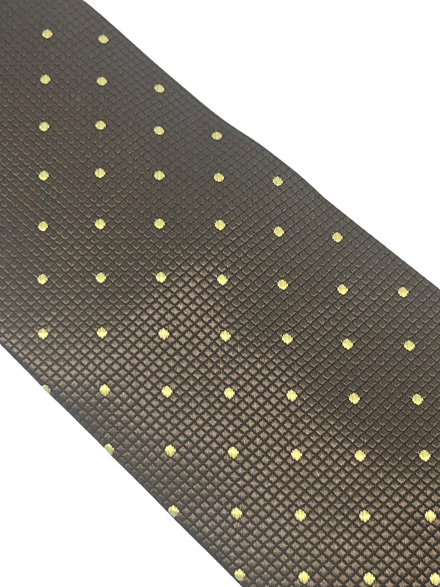Chocolate coffee brown tie with light yellow pin spots in a subtle squared pattern - Image 3