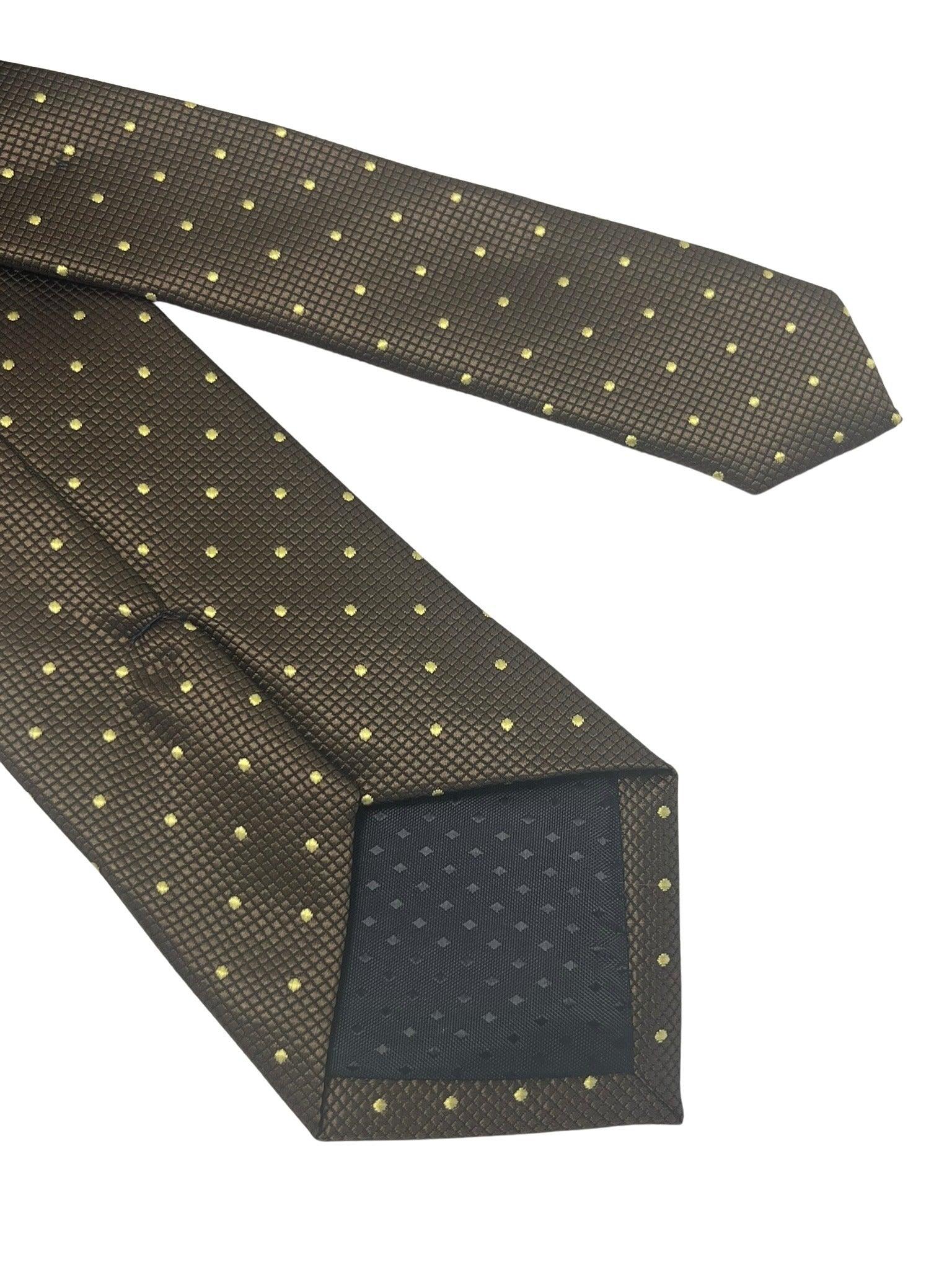 Chocolate coffee brown tie with light yellow pin spots in a subtle squared pattern - Image 4