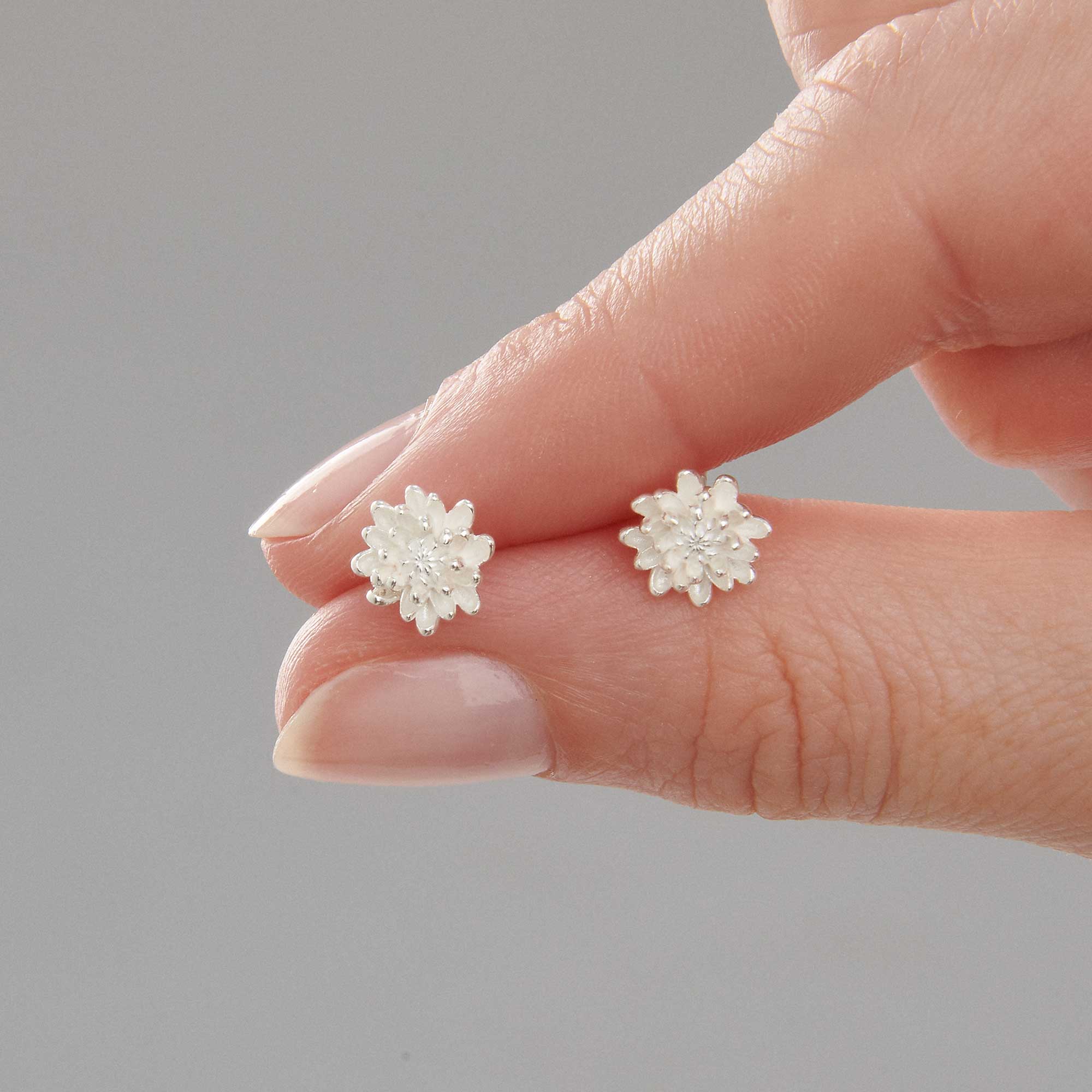 Chrysanthemum Flower Silver Stud Earrings - Image 2