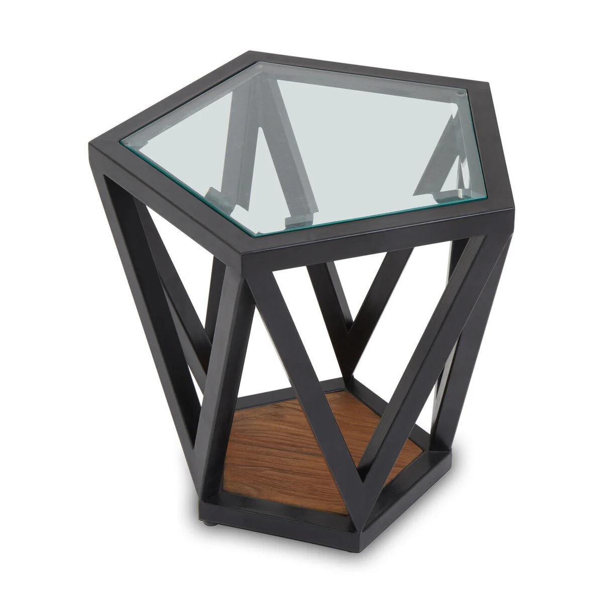 Black Geometric Metal Frame Hexagon Side Table with Tempered Glass Top and Wood Effect Base Inside, Cibo - Image 2