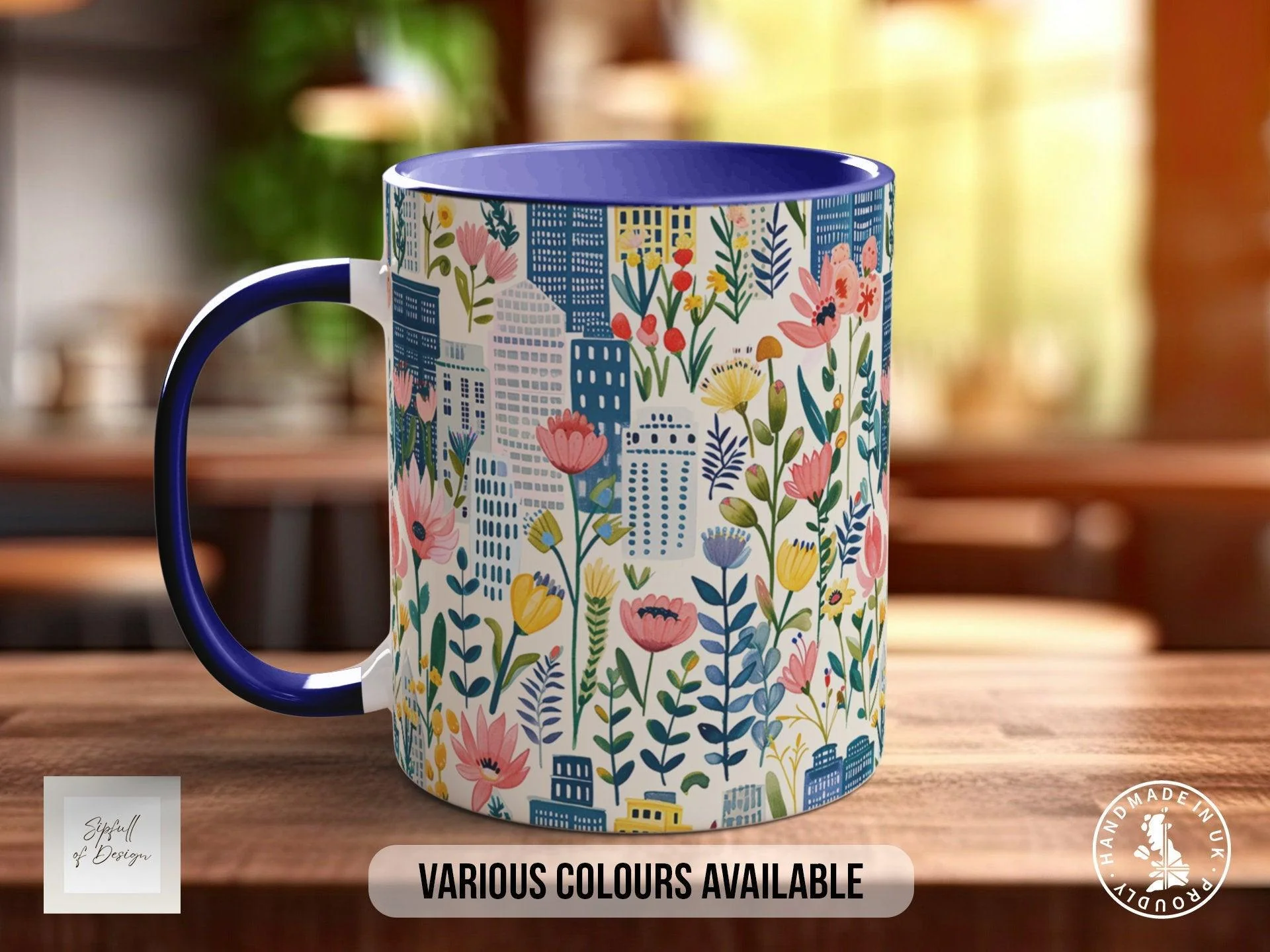 Cityscape Wildflower Pattern Full Wrap Coloured Art Mug - Design 1