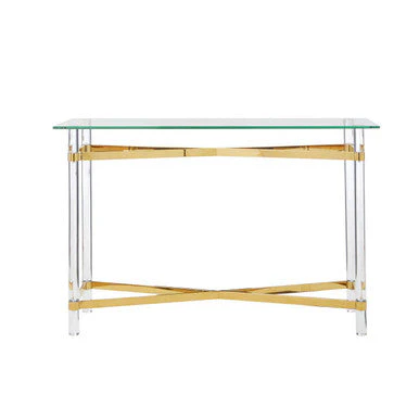 Clear Tempered Glass Console Table with Clear Acrylic Legs and Gold Finish Metal Cross Frame, Clarence - Image 2