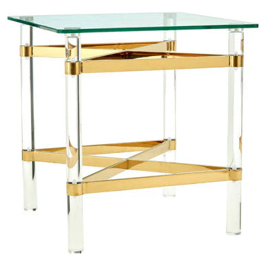 Clear Tempered Glass Side Table with Clear Acrylic Legs and Gold Finish Metal Cross Frame, Clarence - Image 4