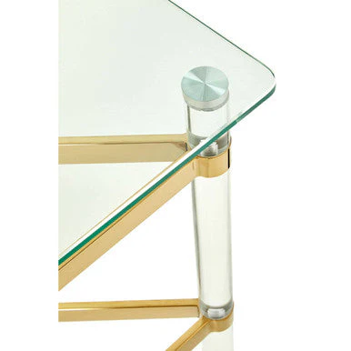 Clear Tempered Glass Side Table with Clear Acrylic Legs and Gold Finish Metal Cross Frame, Clarence - Image 7