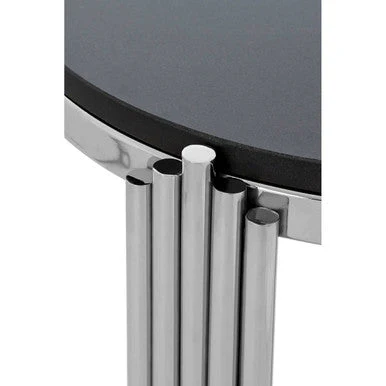 Black Granite Round Side Table with Silver Finish Fluted Effect Legs, Clarice - Image 3